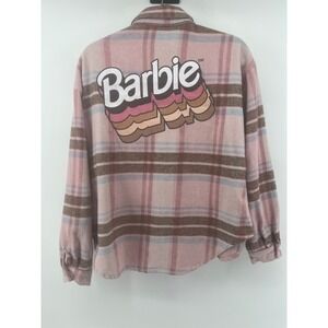 Barbie Movie Pink Plaid Flannel Shacket Button Up Jacket Logo Back Womens Medium